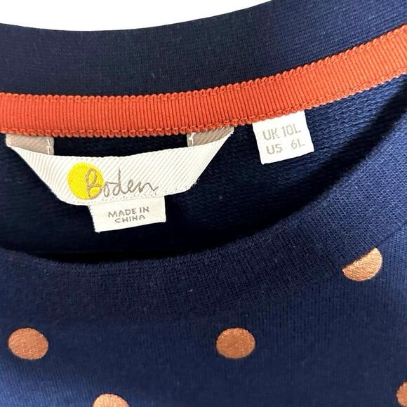Boden Women’s Metallic Polka Dot Sweatshirt Dress Navy Blue/Copper Size 6 L - Picture 9 of 9